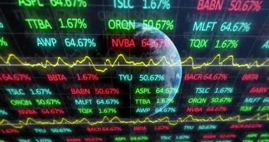 Mavi arka planda bir dünya üzerinde istatistiksel ve borsa veri işleme animasyonu. Küresel ekonomi ve iş veri teknolojisi kavramı