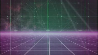 Siyah arkaplana karşı mor şebeke üzerinden bağlantı ağının animasyonu. Küresel ağ ve iş teknolojisi kavramı