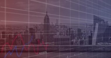 Animation of financial data processing over cityscape. Global business, finances, computing and data processing concept digitally generated video.