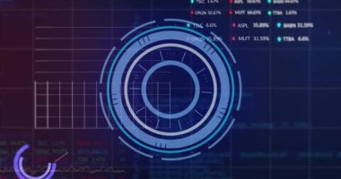 İstatistiksel ve borsa veri işleme üzerinde dönen neon yuvarlak tarayıcının animasyonu. Küresel ekonomi ve iş veri teknolojisi kavramı