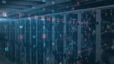 Sunucu odasındaki veri işleme ve hack metinlerinin animasyonu. Küresel teknoloji ve dijital arayüz konsepti dijital olarak oluşturulmuş video.