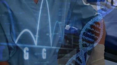 Hastanede kollarını kavuşturmuş beyaz kadın cerrahın DNA sarmalının animasyonu ve grafiği. Dijital bileşik, çoklu pozlama, molekül, rapor, iş, tıbbi ve sağlık konsepti.