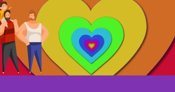 Animace Páru Gayů Synem Nad Duhovým Srdcem Pride Month Lgbtq — Stock video