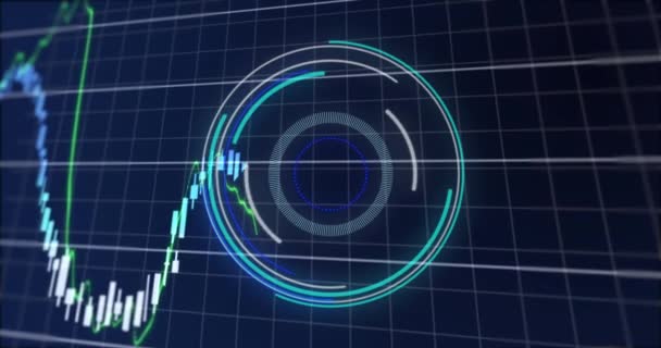 在蓝色背景下在财务数据处理上旋转的霓虹灯圆形扫描仪动画 全球金融和商业接口技术概念 — 图库视频影像