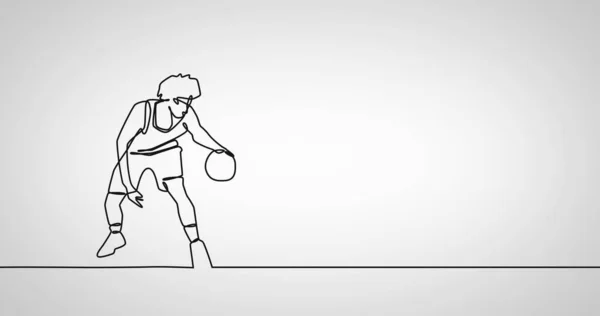 白い背景にボールを持つ男性バスケットボール選手の絵のイメージ グローバルスポーツとデジタルインターフェースの概念デジタル生成された画像 — ストック写真