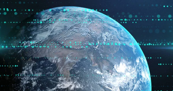 stock image Blue data processing over planet earth viewed from outer space. Cloud computing, global network, data sharing and communication concept digitally generated image.