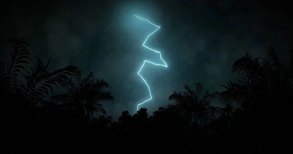 Afbeelding Van Bliksem Die Palmbomen Stormachtige Bewolkte Hemel Weer Storm — Stockfoto
