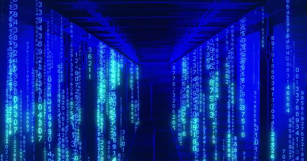 蓝色服务器机房上的二进制编码图像 全球技术和数字接口概念数字生成的图像 — 图库照片