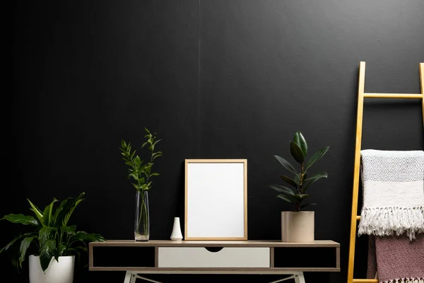 Wood Empty Frame Copy Space Plants Pots Desk Black Wall — Stock Photo, Image