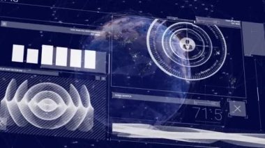 Grafik, ses dalgası, profil simgeleri ve sayılarla dünya üzerinde değişen numaraların animasyonu. Dijital olarak üretilmiş, hologram, illüstrasyon, küreselleşme, rapor, büyüme ve iş konsepti.
