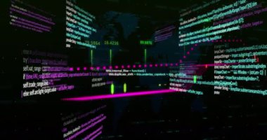 Karanlık arka planda finansal veri işleme animasyonu. Küresel iş, finans, hesaplama ve veri işleme kavramı dijital olarak oluşturulmuş video.