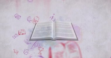 Okul eşyaları simgelerinin açık kitap üzerinde canlandırılması. Küresel eğitim ve dijital arayüz kavramı dijital olarak oluşturulmuş video.