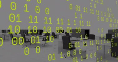 Ofis masalarının üzerinde bilgisayarlarla veri işleme animasyonu. Küresel iş, iletişim ve dijital arayüz kavramı dijital olarak oluşturulmuş video.