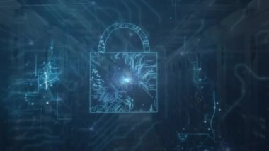 Bilgisayar sunucu odasına karşı güvenlik asma kilit ikonu ve bağlantı ağının animasyonu. Siber güvenlik ve iş veri depolama teknolojisi kavramı