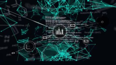 Siyah arkaplan üzerinde bağlı noktaların ve geometrik şekillerin animasyonu. Dijital olarak üretilmiş, hologram, illüstrasyon, iletişim, kodlama ve teknoloji kavramı.