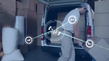 Kafkas kurye teslimatçısının karavanında kutu istiflemesi üzerine dijital simge ağının animasyonu. Küresel ağ ve lojistik iş teknolojisi kavramı