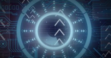 Yuvarlak tarayıcı, veri işleme ve mikroişlemci bağlantıları ile arayüzün animasyonu. Bilgisayar arayüzü ve iş teknolojisi kavramı