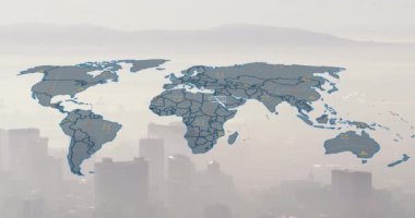 Şehir manzarasının havadan görüntüsüne karşı dünya haritası ve veri işleme animasyonu. Küresel ağ ve iş teknolojisi kavramı