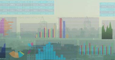 Animation of financial data processing over cityscape. Global business, finances, computing and data processing concept digitally generated video.