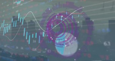 Animation of financial data processing over cityscape. Global business, finances, computing and data processing concept digitally generated video.