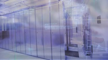 Bilgisayar sunucuları üzerinden veri işleme animasyonu. Küresel ağlar, bulut hesaplama ve veri işleme kavramı dijital olarak oluşturulmuş video.