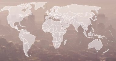 Şehir haritasının animasyonu ve finansal veri işlemesi. Küresel iş, finans, hesaplama ve veri işleme kavramı dijital olarak oluşturulmuş video.