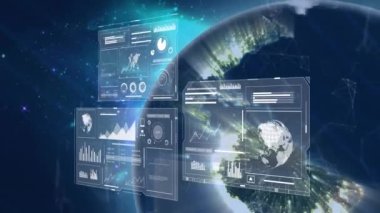 Ekranlarda ve kürede veri işleme animasyonu. Küresel iş, finans, hesaplama ve veri işleme kavramı dijital olarak oluşturulmuş video.