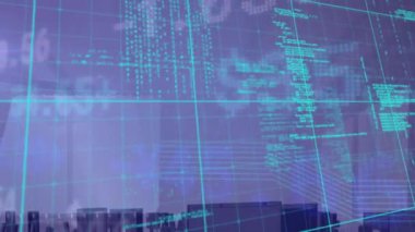 Boş ofislere karşı şebekeler üzerinden borsa veri işleme animasyonu. Küresel ekonomi ve iş teknolojisi kavramı