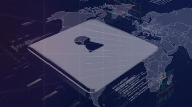Grafikler üzerinde asma kilit animasyonu ve bilgisayar dilinde takas panoları arka plandaki haritaya karşı. Dijital olarak üretilmiş, hologram, rapor, iş dünyası, borsa, küresel, koruma ve teknoloji.
