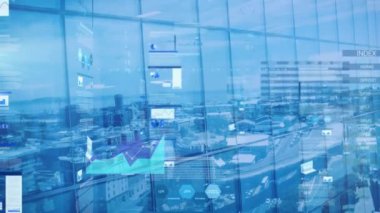 Animation of financial data processing over cityscape. Global business, finances, computing and data processing concept digitally generated video.