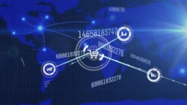 Sayıların animasyonu, bağlantı ağı ve dünya haritası üzerinden veri işleme. Dijital olarak oluşturulan küresel ağlar, hesaplama ve veri işleme kavramı.