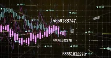 Siyah zemin üzerinde çoklu değişen sayılar ve veri işleme ağının animasyonu. Bilgisayar arayüzü ve iş veri teknolojisi kavramı