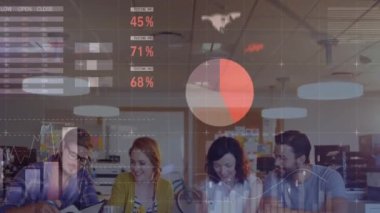 Animation of financial data processing over diverse business people in office. Global business, finances, computing and data processing concept digitally generated video.