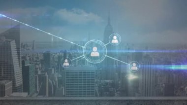 Animation of network of profile icons and blue light trails against aerial view of cityscape. Global networking and business technology concept