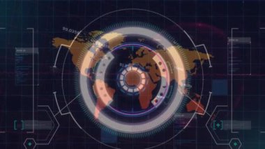 Aydınlatılmış ark reaktörünün haritada soyut arkaplan üzerinde numaraları olan animasyonu. Dijital olarak üretilmiş, hologram, illüstrasyon, daire, şekil, güç arzı, küresel ve teknoloji kavramı.