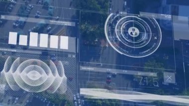 Animation of financial data processing over cityscape. Global business, finances, computing and data processing concept digitally generated video.