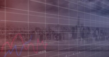 Animation of financial data processing over cityscape. Global business, finances, computing and data processing concept digitally generated video.