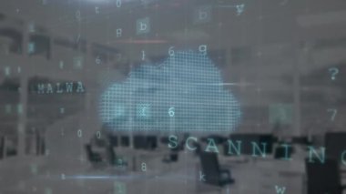 Boş ofise karşı siber güvenlik veri işleme ve simgelerinin animasyonu. Siber güvenlik ve iş teknolojisi kavramı