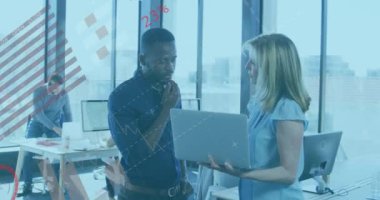 Animation of financial data processing over diverse business people in office. Global business, finances, computing and data processing concept digitally generated video.