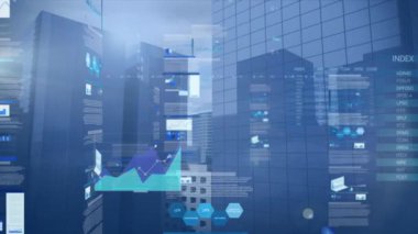 Animation of financial data processing over cityscape. Global business, finances, computing and data processing concept digitally generated video.