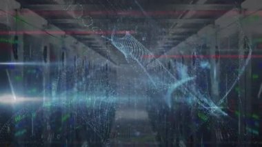 Bilgisayar sunucu odasına karşı güvenlik kilidi simgesi, dijital dalga ve mozaik karelerin animasyonu. Siber güvenlik ve iş veri depolama teknolojisi kavramı