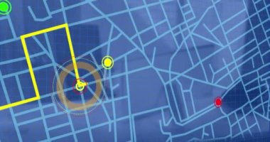 Ofis masasının üzerinde bilgisayarlı GPS olan şehir haritasının animasyonu. Küresel iş, finans, teknoloji ve dijital arayüz kavramı dijital olarak oluşturulmuş video.