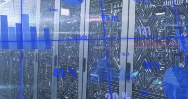 Sunucu odasında finansal veri işleme animasyonu. Küresel iş, finans, teknoloji ve dijital arayüz kavramı dijital olarak oluşturulmuş video.