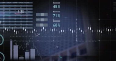 Yüksek binalarla şebeke üzerinden istatistiksel veri işleme animasyonu. Bilgisayar arayüzü ve iş veri teknolojisi kavramı