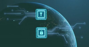 Siyah zemin üzerinde bilgisayar devresi olan anahtar ve asma kilit simgelerinin animasyonu. Küresel teknoloji, bilgisayar ve dijital arayüz kavramı dijital olarak oluşturulmuş video.