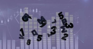 Müzik dengeleyicisi ve istatistiksel veri işleme üzerine değişen sayılar ve alfabelerin animasyonu. Bilgisayar arayüzü ve iş veri teknolojisi kavramı