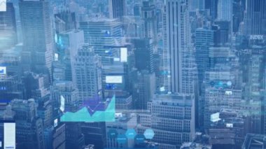 Animation of financial data processing over cityscape. Global business, finances, computing and data processing concept digitally generated video.