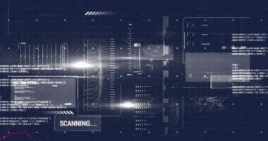 Veri işleme ile arayüzün animasyonu ve mavi arkaplan ile ışık noktası. Bilgisayar arayüzü ve iş teknolojisi kavramı