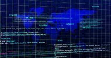 Şebeke ağı üzerinden veri işleme animasyonu ve mavi arkaplan ile dünya haritası. Küresel ağ ve iş teknolojisi kavramı