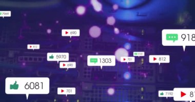 Bir bilgisayar sunucusunun kapatılmasına karşı sosyal medya simgelerinin ve moleküler yapıların animasyonu. Sosyal medya ağı ve iş veri depolama teknolojisi kavramı